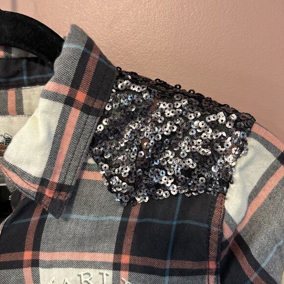 Harley Davidson Orange Black Plaid Shirt Sequins Small Women’s Top Button Up - Picture 3 of 6